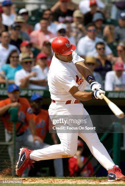 Albert Pujols of the St. Louis Cardinals bats during a Major League Baseball spring training game on March 4, 2004 at Roger Dean Stadium in Jupiter,...
