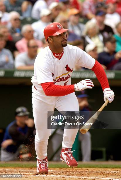 Albert Pujols of the St. Louis Cardinals bats during a Major League Baseball spring training game on March 4, 2005 at Roger Dean Stadium in Jupiter,...