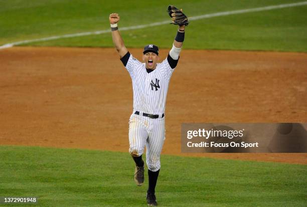 Alex Rodriguez of the New York Yankees celebrates after the Yankees defeated the Philadelphia Phillies during Game Six of the World Series November...