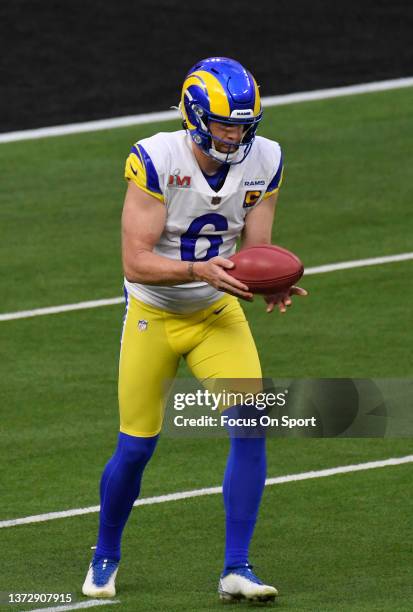 Johnny Hekker of the Los Angeles Rams punts the ball against the Cincinnati Bengals during Super Bowl LVI at SoFi Stadium on February 13, 2022 in...