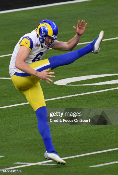 Johnny Hekker of the Los Angeles Rams punts the ball against the Cincinnati Bengals during Super Bowl LVI at SoFi Stadium on February 13, 2022 in...