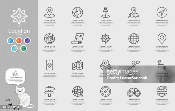 location and map line icons content infographic - north stock illustrations