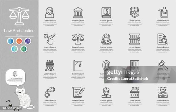 law and justice line icons content infographic - prosecuting attorney stock illustrations