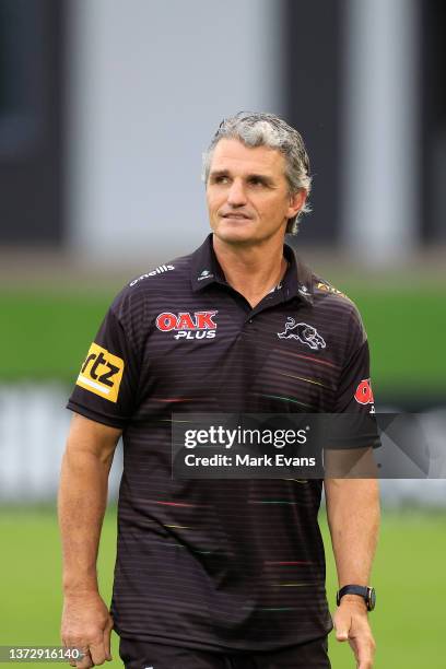 Coach of the Panthers, Ivan Cleary looks on after the NRL Trial Match between the Penrith Panthers and the Parramatta Eels at BlueBet Stadium on...