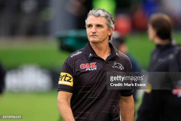 Coach of the Panthers, Ivan Cleary looks on after the NRL Trial Match between the Penrith Panthers and the Parramatta Eels at BlueBet Stadium on...