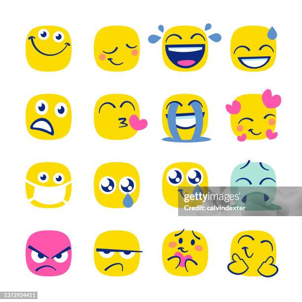 ilustraciones, imágenes clip art, dibujos animados e iconos de stock de emoticonos lindo cubo formas brillantes - looking ill humored