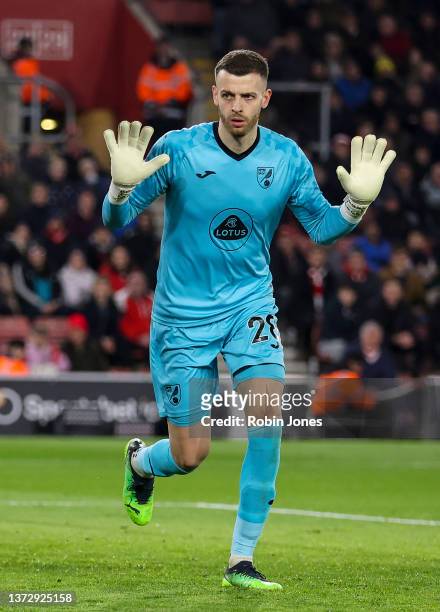 Angus Gunn of Norwich City during the Premier League match between Southampton and Norwich City at St Mary's Stadium on February 25, 2022 in...