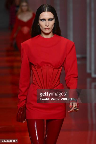 Bella Hadid walks the runway during the Versace Ready to Wear Fall/Winter 2022-2023 fashion show as part of the Milan Fashion Week on February 25,...