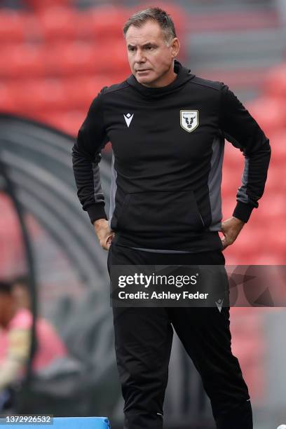 Ante Milicic coach of the Bulls looks on during the A-League Men's match between Newcastle Jets and Macarthur FC at McDonald Jones Stadium, on...