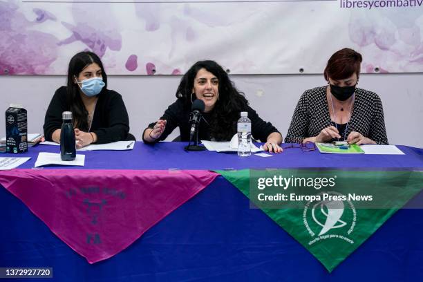 Anahi Lopez, from Libres y Combativas Asturias, Laura Calderon, from LyC Madrid, and Teresa Prados, LyC Barcelona, at the IV State Meeting of Libres...