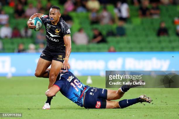 Toni Pulu of the Force is tackled by James Hanson of the Rebels during the round two Super Rugby Pacific match between the Melbourne Rebels and the...