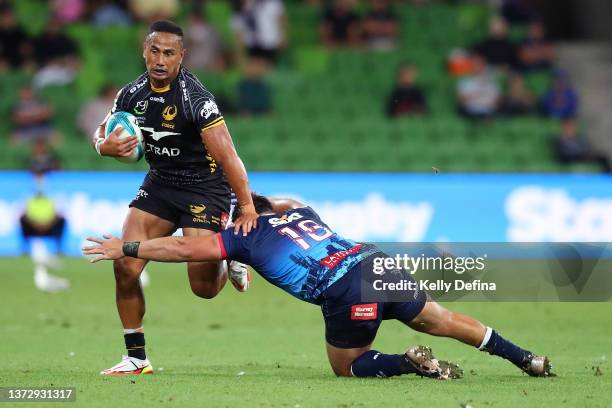 Toni Pulu of the Force is tackled by James Hanson of the Rebels during the round two Super Rugby Pacific match between the Melbourne Rebels and the...