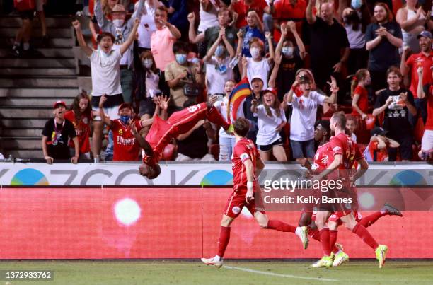 Nestory Irankunda of United celebrates a goal during the A-League men's match between Adelaide United and Central Coast Mariners at Coopers Stadium,...
