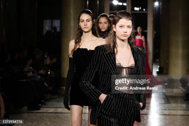 Models walk the runway at the Ermanno Scervino fashion show during the Milan Fashion Week Fall/Winter 2022/2023 on February 26, 2022 in Milan, Italy.