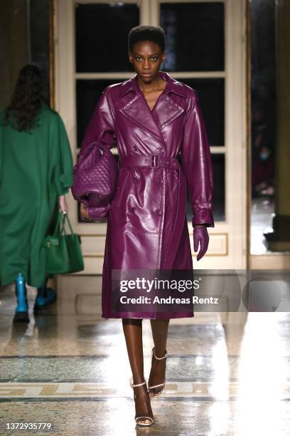Model walks the runway at the Ermanno Scervino fashion show during the Milan Fashion Week Fall/Winter 2022/2023 on February 26, 2022 in Milan, Italy.