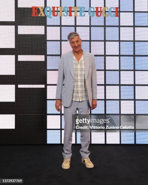 Maurizio Cattelan arrives at the Gucci show during Milan Fashion Week Fall/Winter 2022/23 on February 25, 2022 in Milan, Italy.