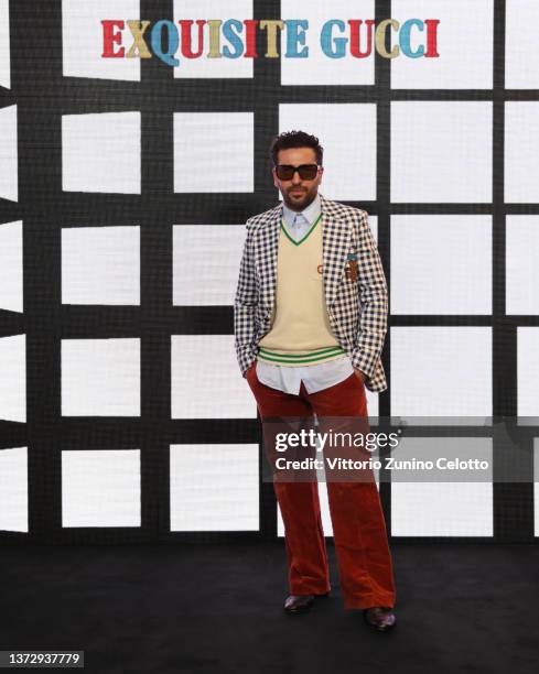 Elyas M'Barek arrives at the Gucci show during Milan Fashion Week Fall/Winter 2022/23 on February 25, 2022 in Milan, Italy.