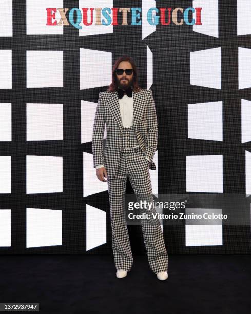 Jared Leto arrives at the Gucci show during Milan Fashion Week Fall/Winter 2022/23 on February 25, 2022 in Milan, Italy.