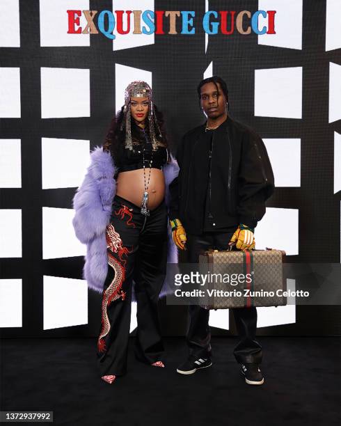 Rihanna and Asap Rocky arrives at the Gucci show during Milan Fashion Week Fall/Winter 2022/23 on February 25, 2022 in Milan, Italy.