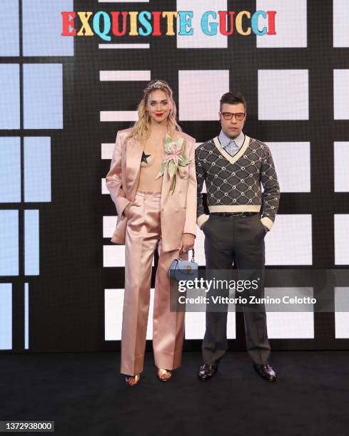 Chiara Ferragni and Fedez arrive at the Gucci show during Milan Fashion Week Fall/Winter 2022/23 on February 25, 2022 in Milan, Italy.