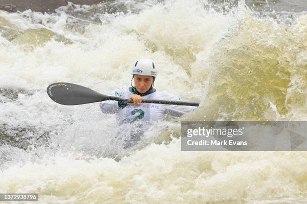 Noemie Fox of Australia competes in the Womens Kayak Single semi-final during the 2022 Canoe Slalom Australian Open at Penrith Whitewater Stadium on...