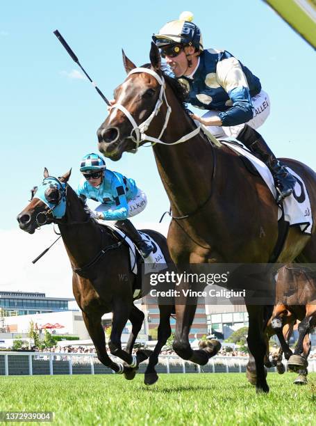 John Allen riding Sierra Sue defeats Jamie Kah riding Mo'unga in Race 6, the Lamaro's Hotel Futurity Stakes, during Melbourne Racing at Caulfield...