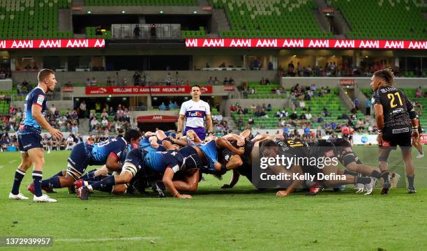 Players engage in a scrum during the round two Super Rugby Pacific match between the Melbourne Rebels and the Western Force at AAMI Park on February...