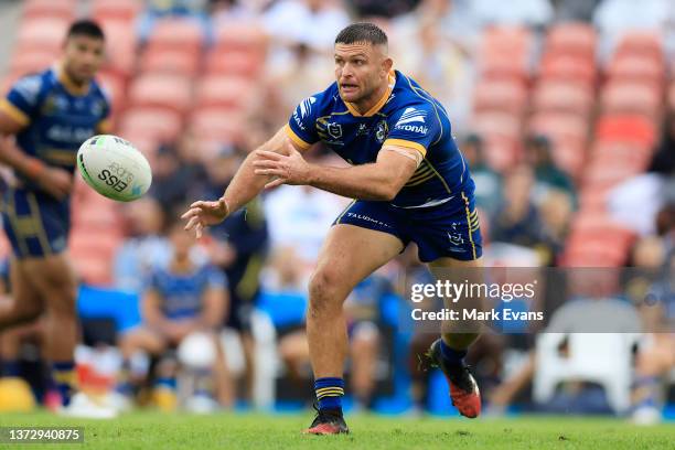 Mitch Rein of the Eels passess the ball during the NRL Trial Match between the Penrith Panthers and the Parramatta Eels at BlueBet Stadium on...