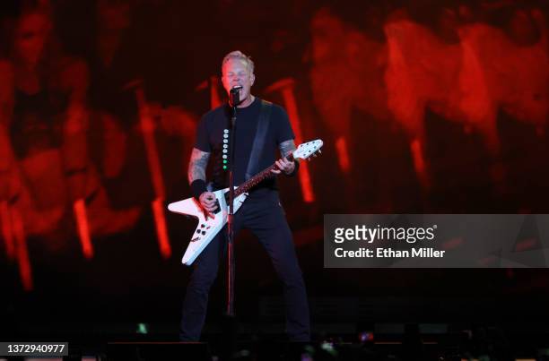 Frontman James Hetfield of Metallica performs at Allegiant Stadium on February 25, 2022 in Las Vegas, Nevada.