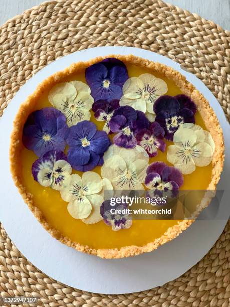 classic cheese cake new york with mango jelly and violets - passion fruit flower images stock pictures, royalty-free photos & images