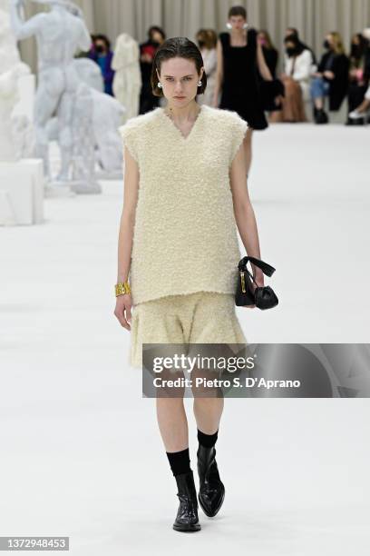 Model walks the runway at the Jil Sander fashion show during the Milan Fashion Week Fall/Winter 2022/2023 on February 26, 2022 in Milan, Italy.