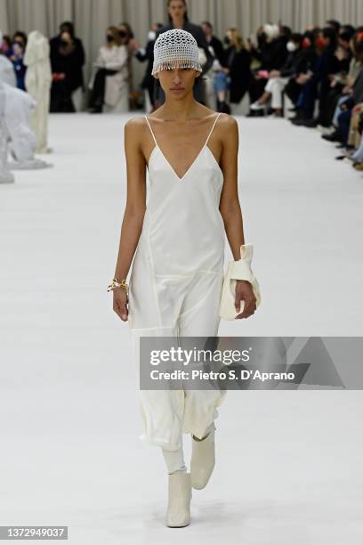 Model walks the runway at the Jil Sander fashion show during the Milan Fashion Week Fall/Winter 2022/2023 on February 26, 2022 in Milan, Italy.