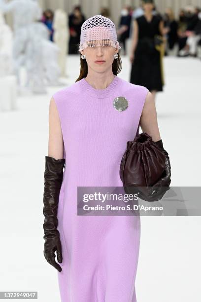 Model walks the runway at the Jil Sander fashion show during the Milan Fashion Week Fall/Winter 2022/2023 on February 26, 2022 in Milan, Italy.