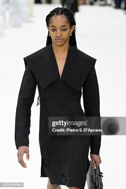 Model walks the runway at the Jil Sander fashion show during the Milan Fashion Week Fall/Winter 2022/2023 on February 26, 2022 in Milan, Italy.