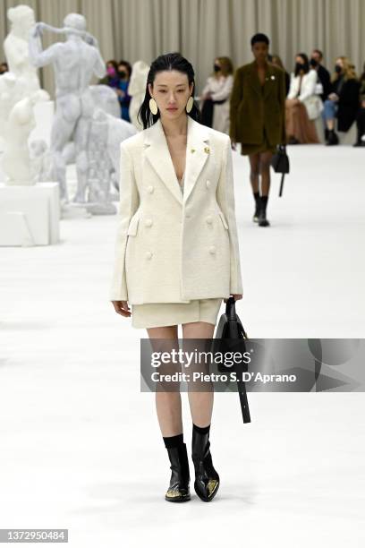 Model walks the runway at the Jil Sander fashion show during the Milan Fashion Week Fall/Winter 2022/2023 on February 26, 2022 in Milan, Italy.