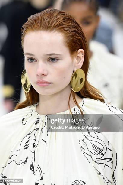 Model walks the runway at the Jil Sander fashion show during the Milan Fashion Week Fall/Winter 2022/2023 on February 26, 2022 in Milan, Italy.