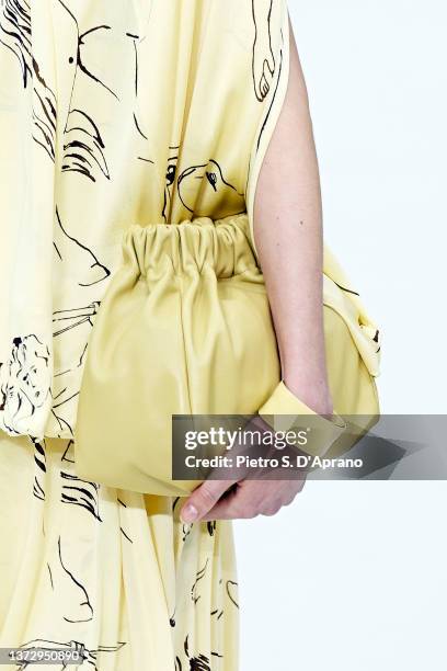 Model, fashion detail, walks the runway at the Jil Sander fashion show during the Milan Fashion Week Fall/Winter 2022/2023 on February 26, 2022 in...