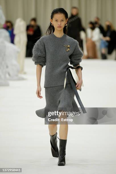 Model walks the runway at the Jil Sander fashion show during the Milan Fashion Week Fall/Winter 2022/2023 on February 26, 2022 in Milan, Italy.