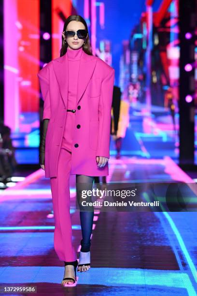 Model walks the runway at the Dolce & Gabbana fashion show during the Milan Fashion Week Fall/Winter 2022/2023 on February 26, 2022 in Milan, Italy.