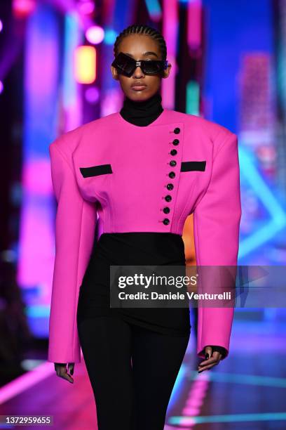 Model walks the runway at the Dolce & Gabbana fashion show during the Milan Fashion Week Fall/Winter 2022/2023 on February 26, 2022 in Milan, Italy.