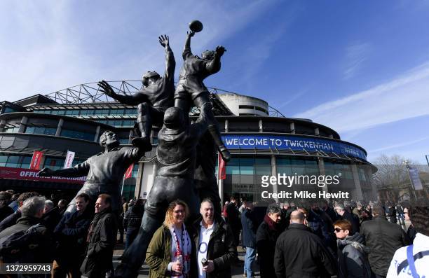 General view of the exterior of Twickenham Stadium as fans gather outside before the Premier League match between Leeds United and Tottenham Hotspur...