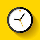 Clock icon in flat style, black timer on yellow background. Business watch. Vector design element for you project