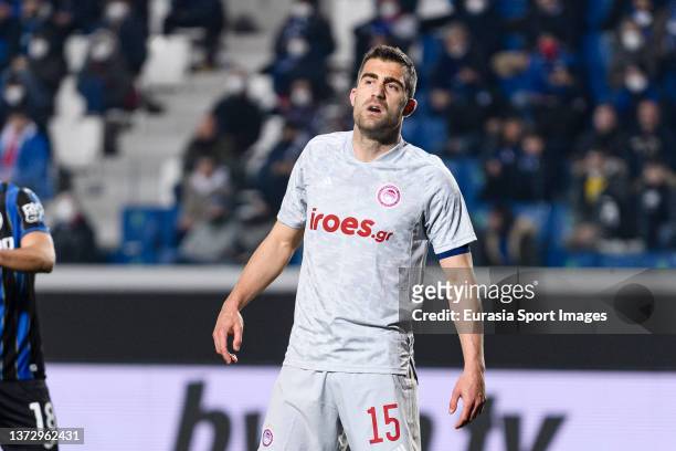 Sokratis Papastathopoulos of Olympiacos in action during the UEFA Europa League Knockout Round Play-Offs Leg One match between Atalanta and...