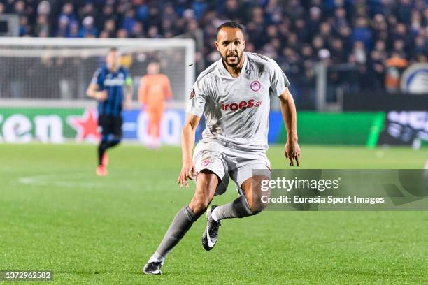 Youssef El-Arabi of Olympiacos in action during the UEFA Europa League Knockout Round Play-Offs Leg One match between Atalanta and Olympiacos at...