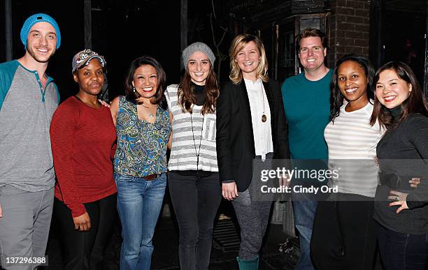 Recording artist Sara Bareilles and Sugarland singer Jennifer Nettles pose with the "Avenue Q" cast at New World Stages on January 18, 2012 in New...