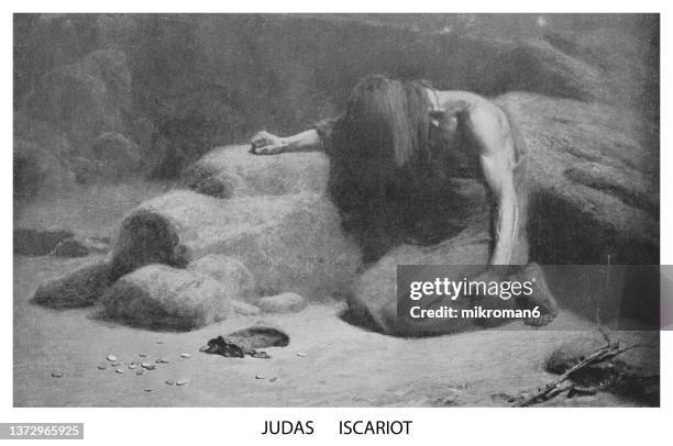 old engraved illustration of judas iscariot - judas iscariot - fotografias e filmes do acervo