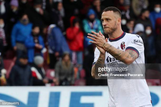 Marko Arnautovic of Bologna FC celebrates after scoring the 0-1 goal during the Serie A match between US Salernitana and Bologna FC at Stadio Arechi...