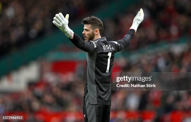 David De Gea of Manchester United reacts during the Premier League match between Manchester United and Watford at Old Trafford on February 26, 2022...