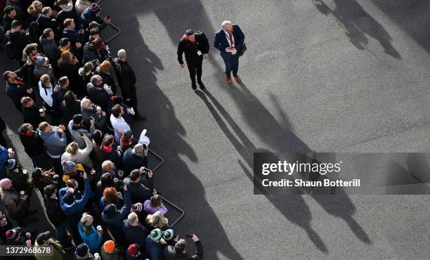 Stephen Jones, Attack Coach of Wales, and Wayne Pivac, Head Coach of Wales, arrives at the stadium prior to the Guinness Six Nations Rugby match...