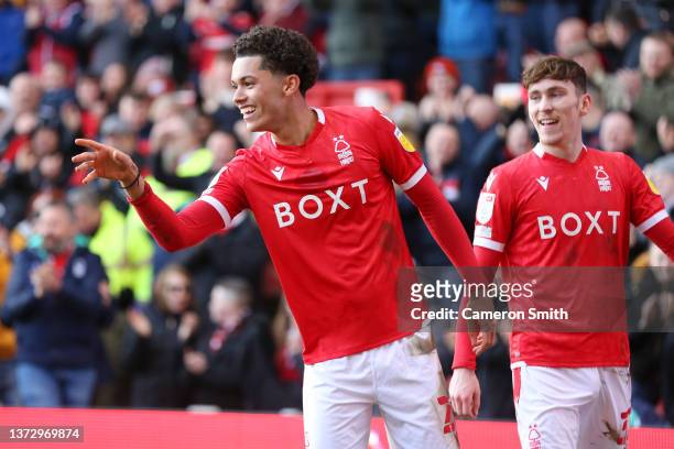 Brennan Johnson of Nottingham Forest celebrates after scoring his sides first goal during the Sky Bet Championship match between Nottingham Forest...